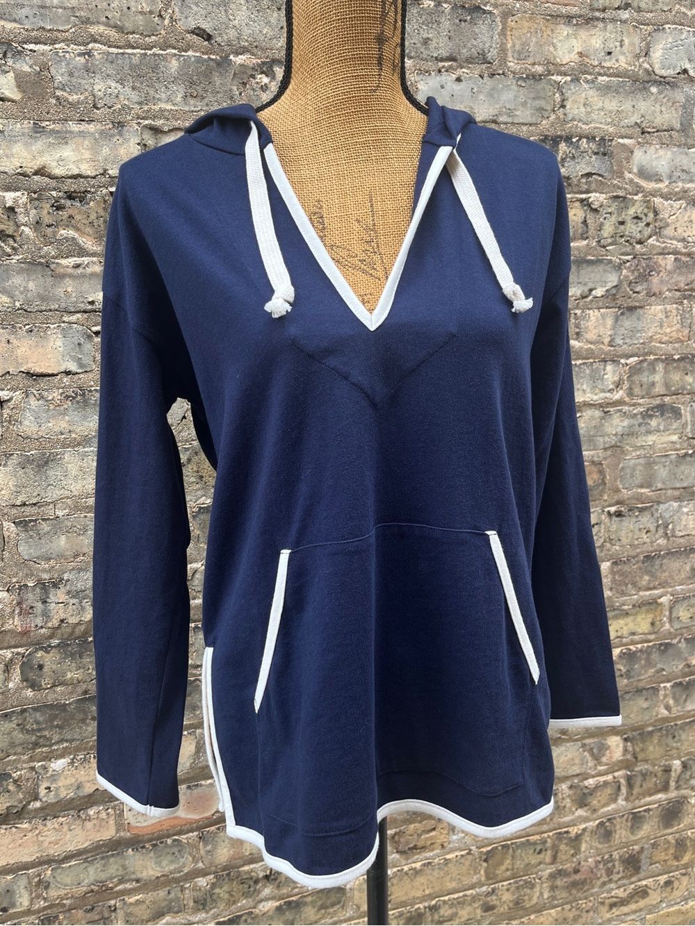 J. Crew Weekend 100% Cotton Hoodie Top NWT Navy Cream Size XS